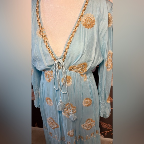 Papa Pia Sky Blue Long-Sleeve Embroidered Maxi Dress with Tassel Tie - Picture 4 of 7